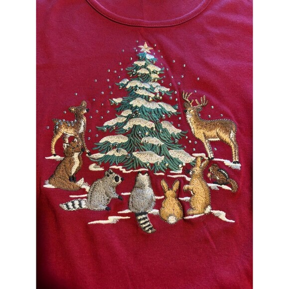 Quacker Factory Small Maroon Shirt Embroidered Animals and Pine Tree Long Sleeve - Picture 2 of 5
